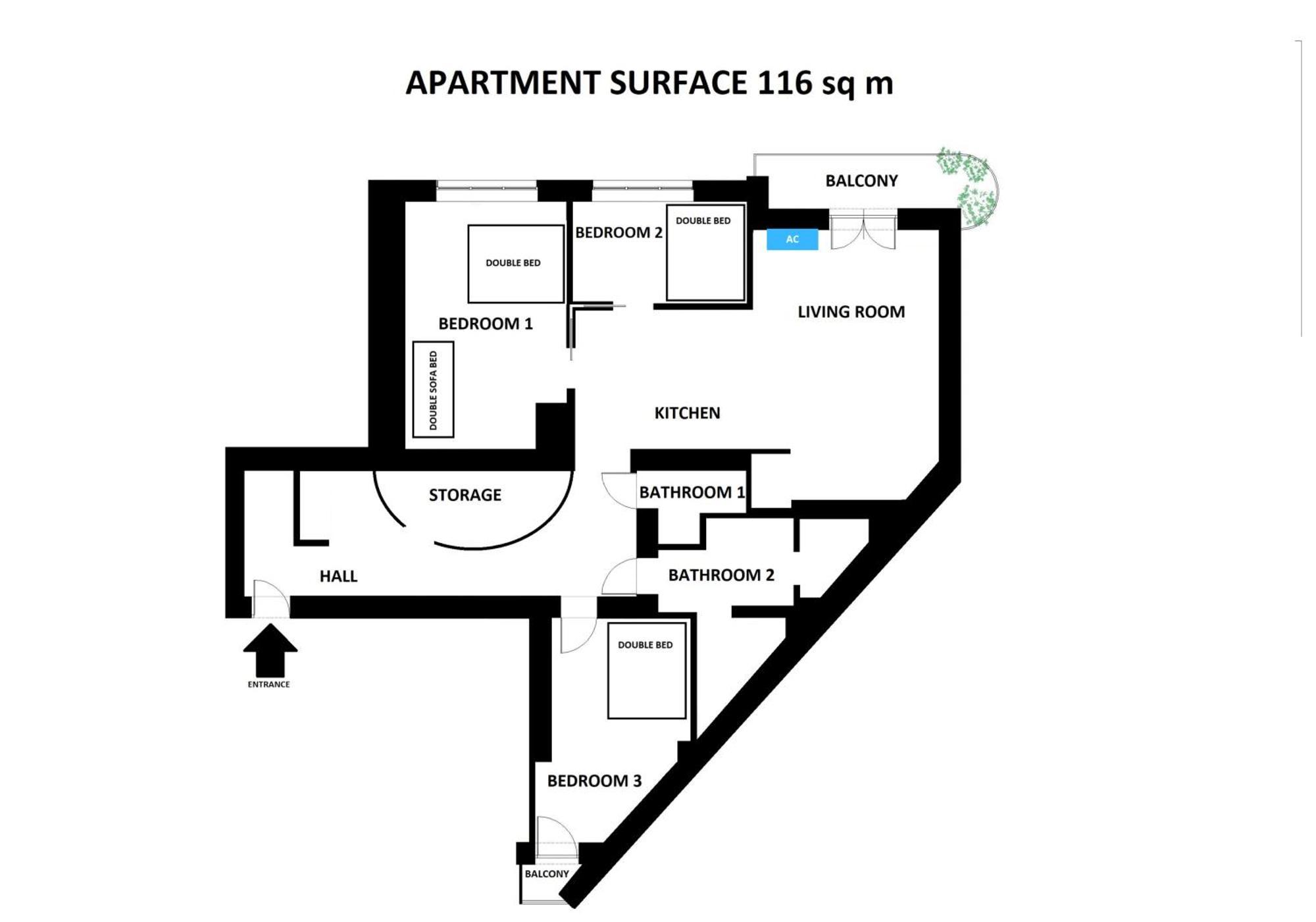 Spacious 3br With Ac In Living Room, 2 Balconies Krakau